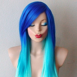 Blue Ombre wig. Electric blue/ Teal /Mint wig.  28&quot; Straight layered hair side bangs wig. Heat friendly synthetic hair wig.