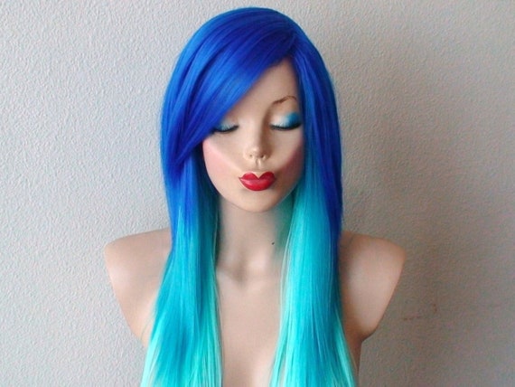 Blue Ombre Wig. Electric Blue/ Teal /mint Wig. 28 Straight Layered
