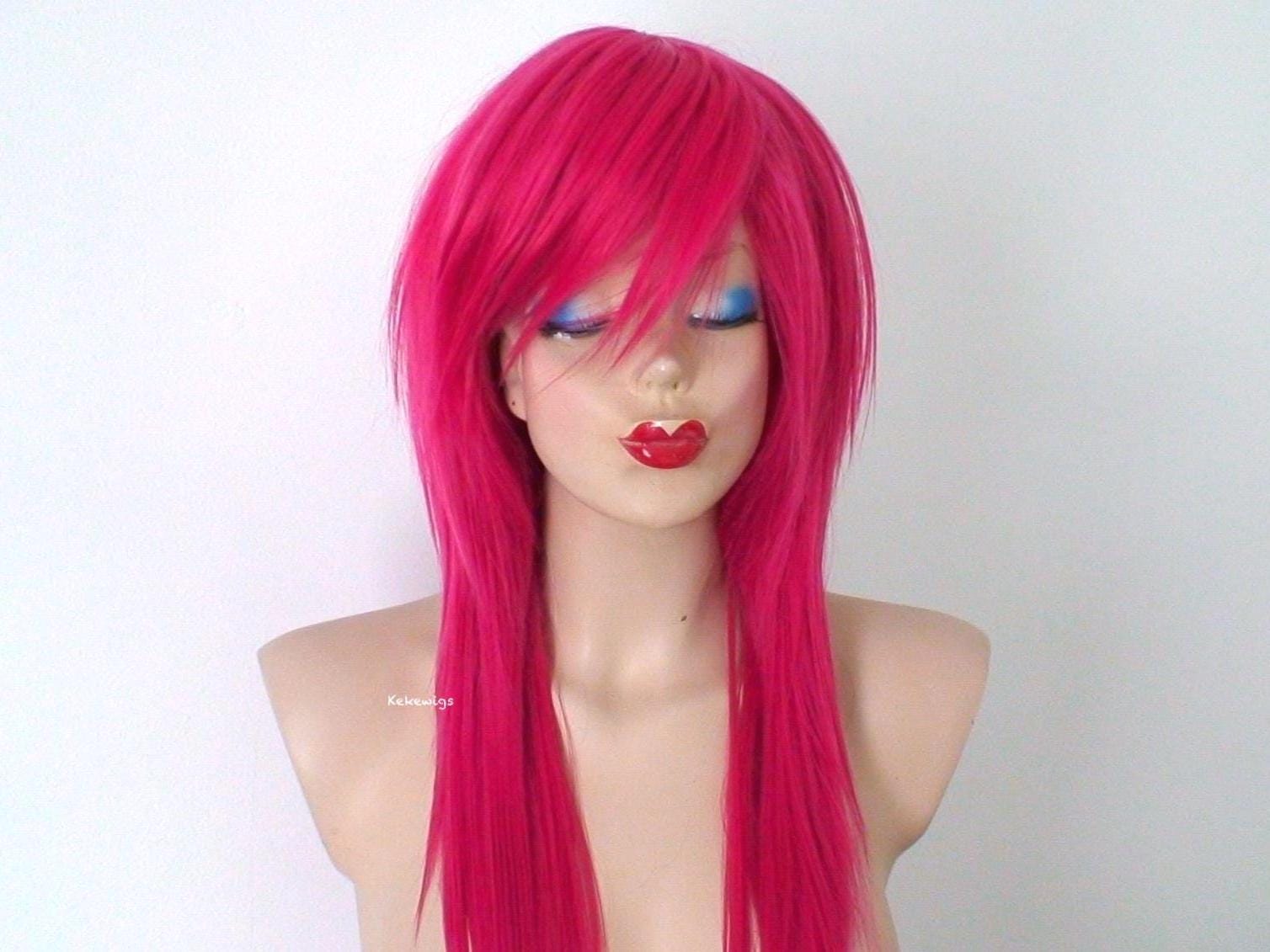 HOT PINK long straight wavy Wig w/ bangs Hot Pink Hair Wigs for Women Long Wavy Natural Hairline Lace  main image 3