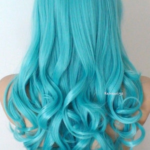 Pastel Teal Blue Mermaid hair wig. 26 Curly hair side bangs wig. Heat friendly synthetic hair wig. image 3