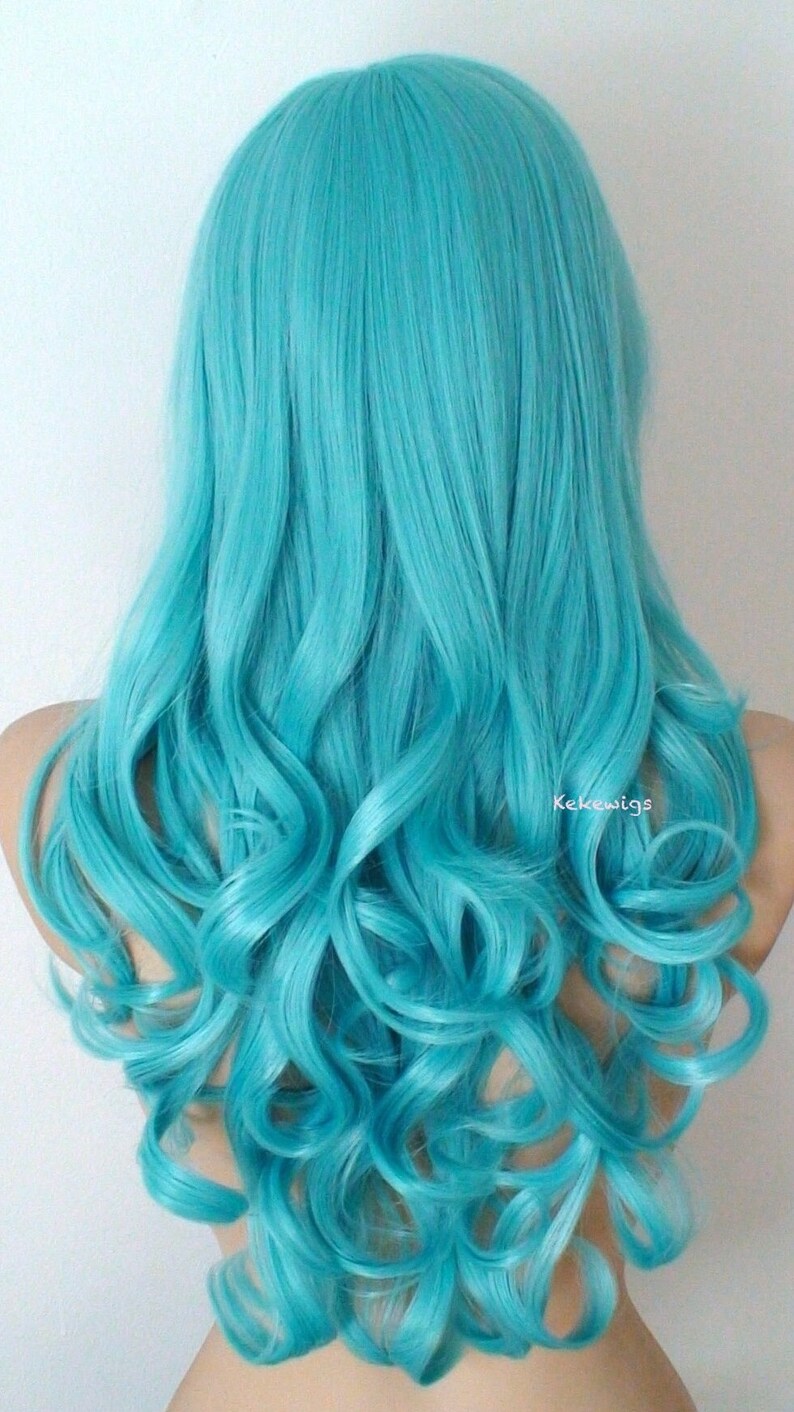 Pastel Teal Blue Mermaid hair wig. 26 Curly hair side bangs wig. Heat friendly synthetic hair wig. image 3