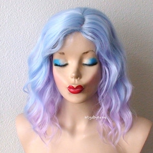 Blue Lavender Ombre wig. Short curly wig. 16&quot; Wavy hair wig. Heat friendly synthetic hair wig.