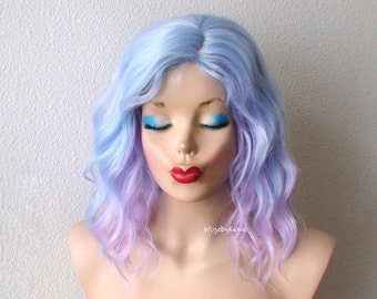 Blue Lavender Ombre wig. Short curly wig. 16" Wavy hair wig. Heat friendly synthetic hair wig.