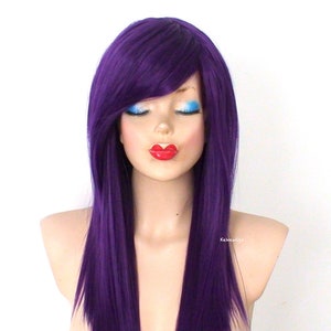 Purple wig. 28&quot; Straight layered hair side bangs wig. Heat-friendly synthetic hair wig.