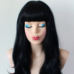 Black wig. 24" Wavy hair with bangs wig, Heat friendly synthetic hair wig.