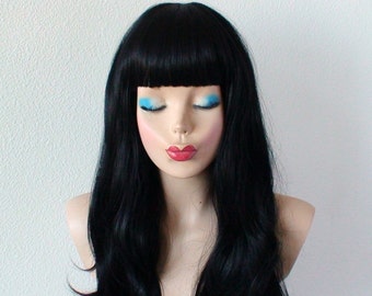 Black wig. 24" Wavy hair with bangs wig, Heat friendly synthetic hair wig.