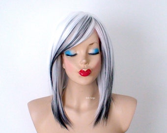 White Black Ombre wig. 16" Straight wig with bangs. Cosplay wig.