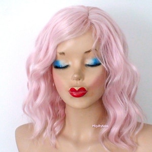 Pastel Pink wig. 16&quot; Wavy hair wig. Heat friendly synthetic hair wig.