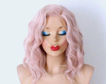 Lace front wig. Short curly antique pink wig. 16" Wavy wig. Heat friendly synthetic hair wig.