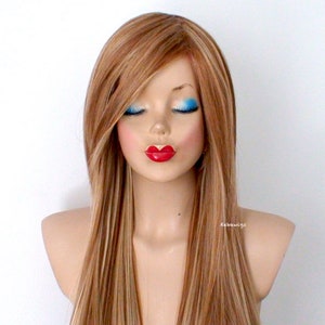 Butterscotch wig. 28&quot; Straight layered hair side bangs wig. Heat friendly synthetic hair wig.