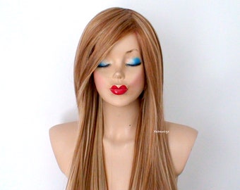 Butterscotch wig. 28" Straight layered hair side bangs wig. Heat friendly synthetic hair wig.