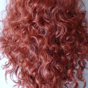 May include: A long, curly, auburn-colored wig with a white wig cap.