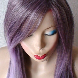 Pastel Lavender Ombre wig. 28 Straight hair long side bangs wig. Heat friendly synthetic hair wig image 4