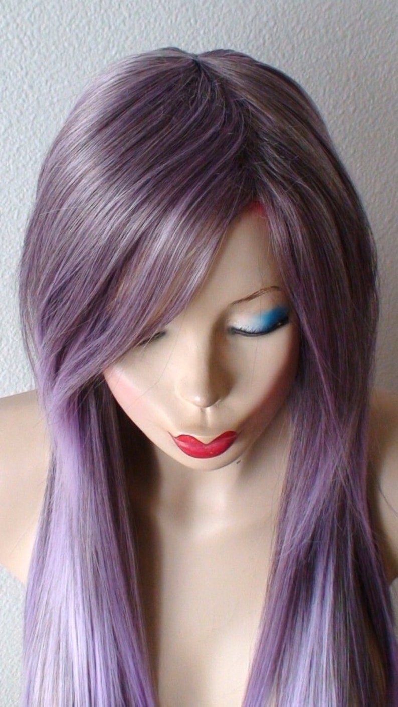 Pastel Lavender Ombre wig. 28 Straight hair long side bangs wig. Heat friendly synthetic hair wig image 4