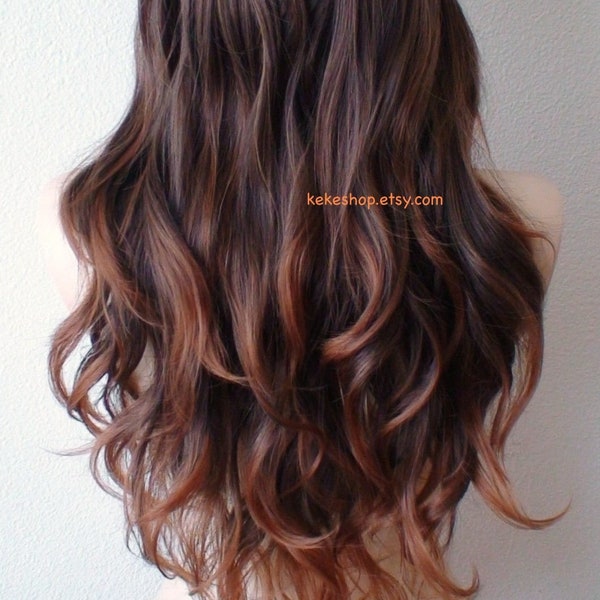 Brown ombre wig. Brown/Auburn long wavy hair side bangs wig. Heat friendly synthetic hair wig for women.