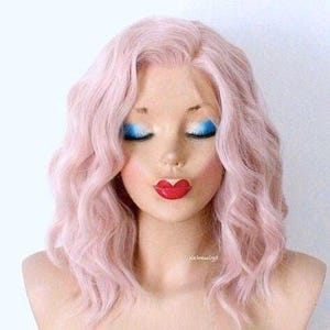 Lace front wig. Short curly antique pink wig. 16&quot; Wavy wig. Heat friendly synthetic hair wig.