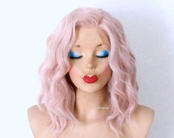 Lace front wig. Short curly antique pink wig. 16&quot; Wavy wig. Heat friendly synthetic hair wig.