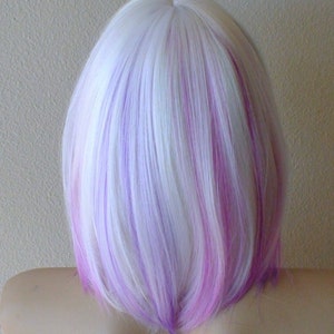 White Lavender Ombre wig. 16 Straight hair with bangs wig. Heat friendly synthetic hair wig. image 2