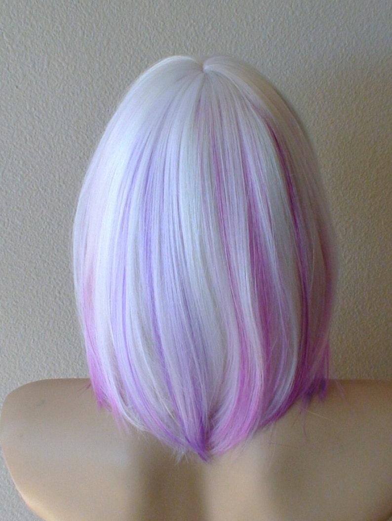 White Lavender Ombre wig. 16 Straight hair with bangs wig. Heat friendly synthetic hair wig. image 2