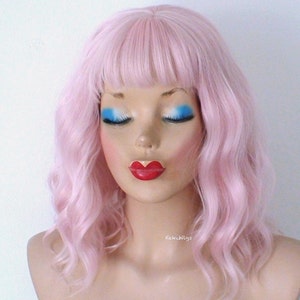 Pink wig. Short pink curly wig. 16" Wavy hair with bangs wig. Heat friendly synthetic hair wig.