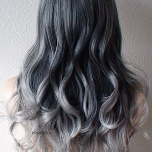 Black Gray Ombre wig. 26&quot; Curly hair side bangs wig. Heat friendly synthetic hair wig.