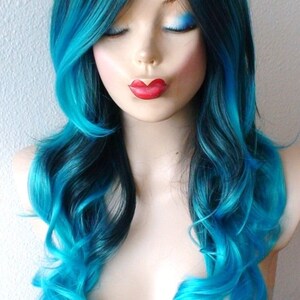 Teal Blue Ombre wig. 26 Curly hair side bangs wig. Heat friendly synthetic hair wig. image 3