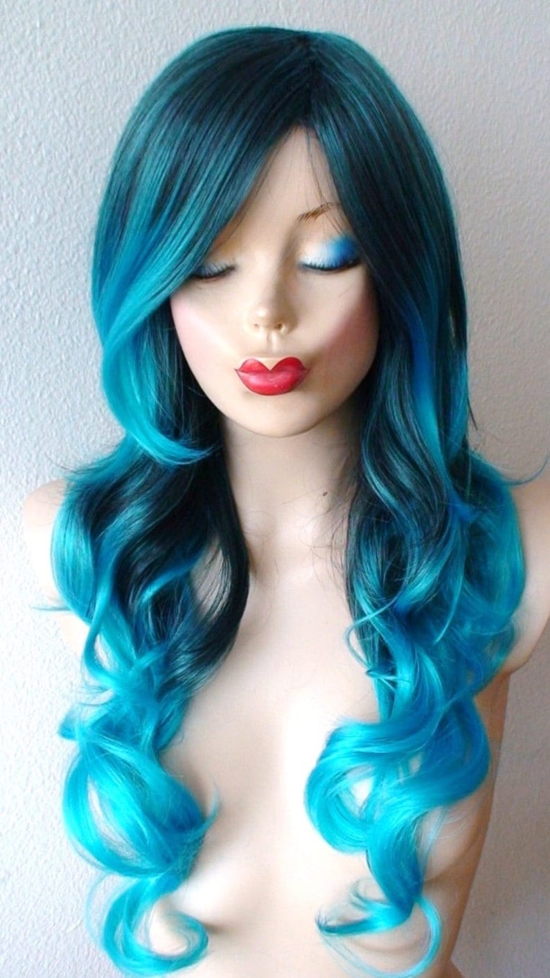 Teal Blue Ombre wig. 26 Curly hair side bangs wig. Heat friendly synthetic hair wig. image 3