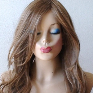 Light Brown Dirty Blonde wig. 26" Curly hair side bangs wig. Heat friendly synthetic hair wig.