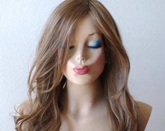 Light Brown Dirty Blonde wig. 26" Curly hair side bangs wig. Heat friendly synthetic hair wig.