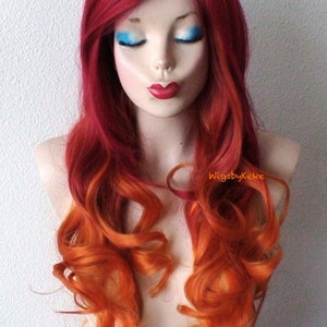 Wine red / Ginger Orange Ombre wig. 26 Curly hair side bangs wig. Heat friendly synthetic hair wig. image 2