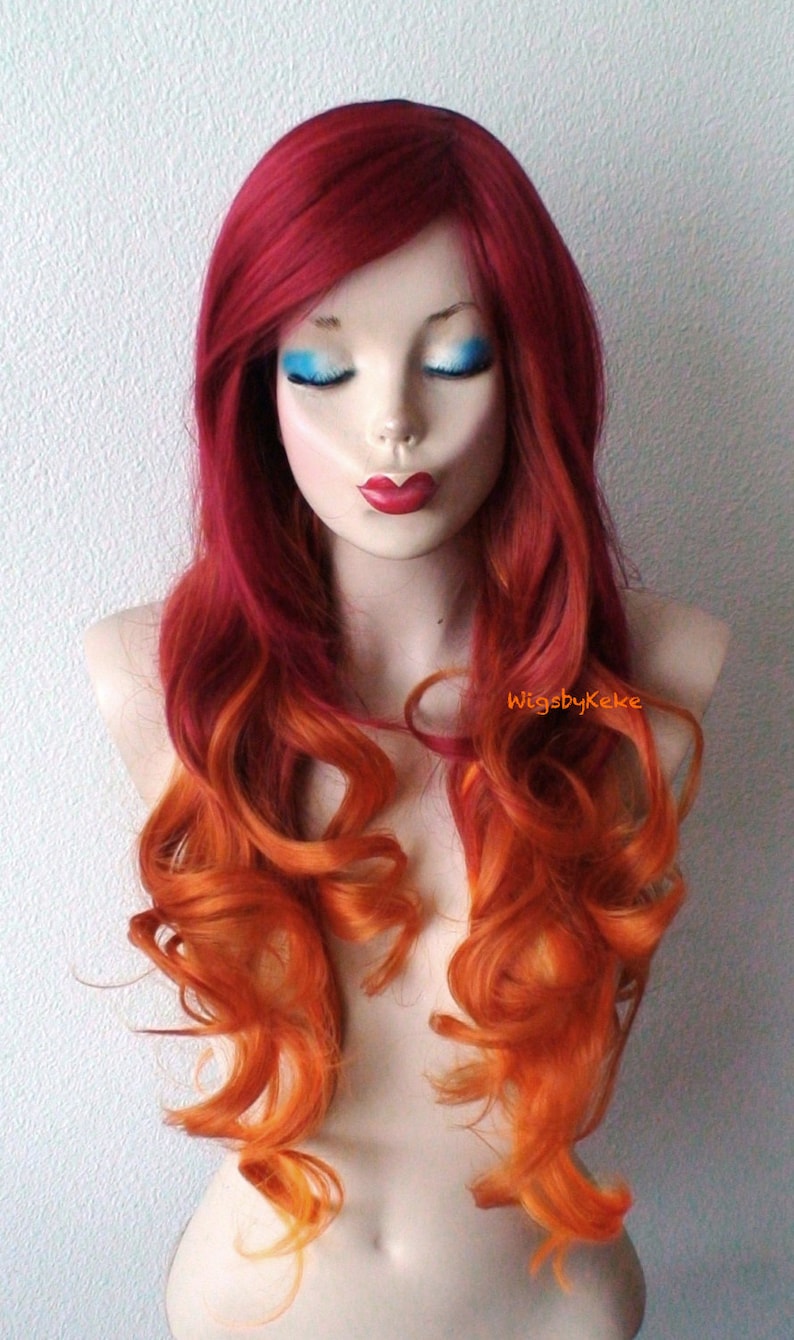 Wine red / Ginger Orange Ombre wig. 26 Curly hair side bangs wig. Heat friendly synthetic hair wig. image 2