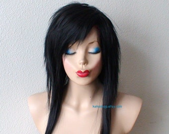 Black wig. Emo wig. 28&quot; Straight layered Scene wig. Cosplay wig.