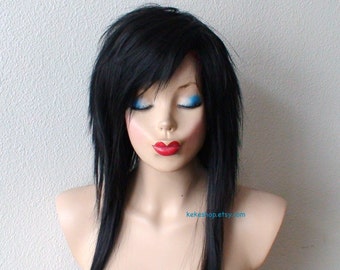 Black wig. Emo wig. 28" Straight layered Scene wig. Cosplay wig.