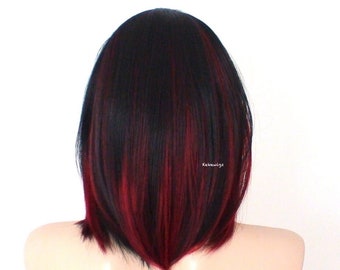 Black Red Ombre wig. 16" Straight hair with bangs wig. Heat friendly synthetic hair wig.