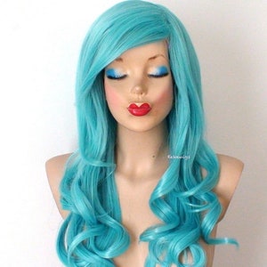 Aqua Blue wig. 26&quot; Curly hair side bangs wig. Heat-friendly synthetic hair wig.