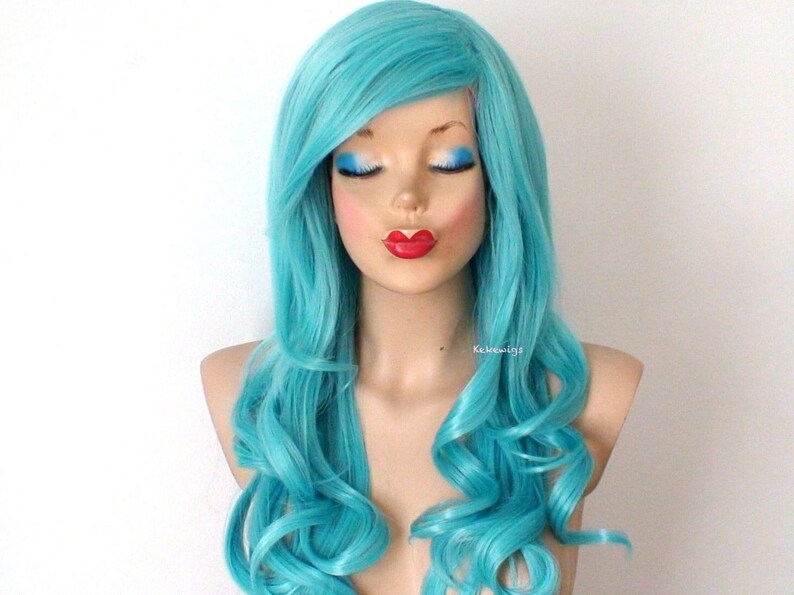 Pastel Teal Blue Mermaid hair wig. 26 Curly hair side bangs wig. Heat friendly synthetic hair wig. image 1