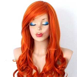 Orange wig. 26&quot; Curly hair side bangs wig. Heat friendly synthetic hair wig.