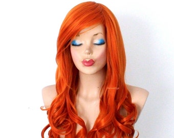 Orange wig. 26" Curly hair side bangs wig. Heat friendly synthetic hair wig.