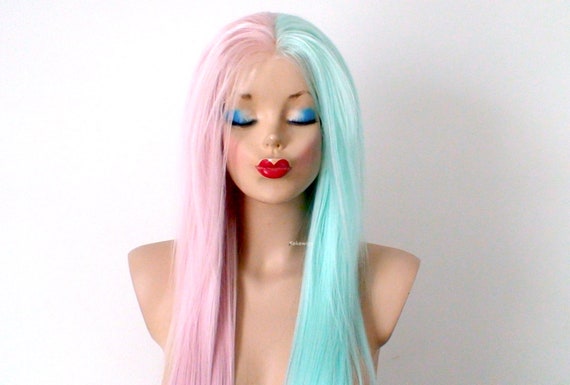Lace Front Wig Pastel Pink Mint Side By Side Synthetic Wig Etsy Lace Front Wig Pastel Pink Mint Side By Side Synthetic Wig Etsy