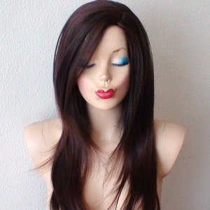 Auburn Ombre wig. 26&quot; Straight layered hair side bangs wig. Heat friendly synthetic hair wig.
