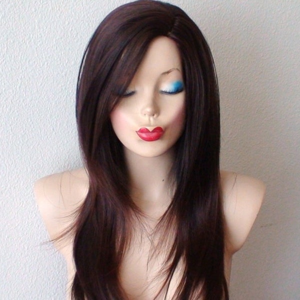 Auburn Ombre wig. 26" Straight layered hair side bangs wig. Heat friendly synthetic hair wig.