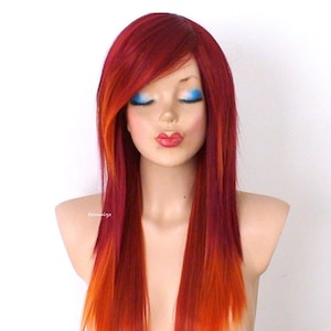 Wine Red / Orange wig. 28” Straight layered hair side bangs wig. Scene wig. Heat friendly synthetic hair wig.