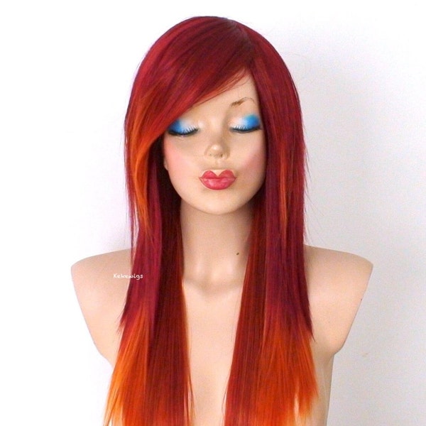 Wine Red/Orange  wig. 28” Straight layered hair side bangs wig. Scene wig. Heat friendly synthetic hair wig.