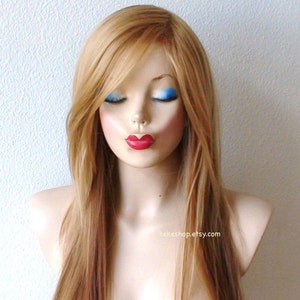 Golden blonde ombre wig. 28 Straight layered hair side bangs wig. Heat friendly synthetic hair wig. image 1