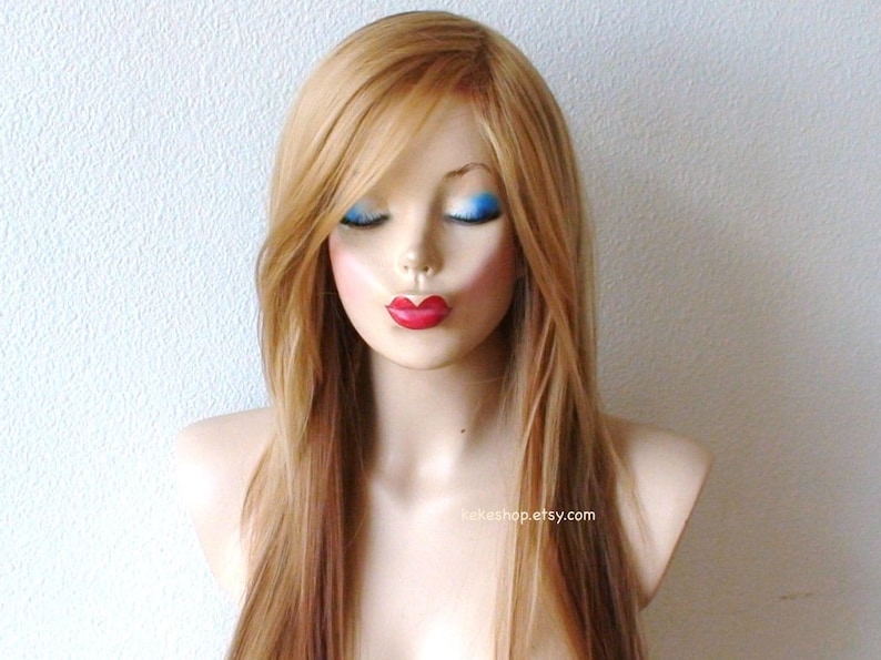 Golden blonde ombre wig. 28 Straight layered hair side bangs wig. Heat friendly synthetic hair wig. image 1