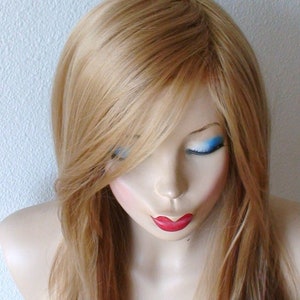 Golden blonde ombre wig. 28 Straight layered hair side bangs wig. Heat friendly synthetic hair wig. image 4