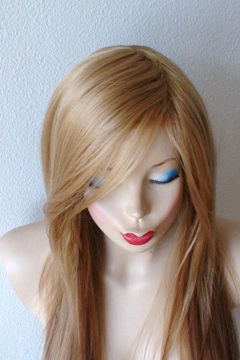 Golden blonde ombre wig. 28 Straight layered hair side bangs wig. Heat friendly synthetic hair wig. image 4