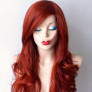 Copper Red wig. 26&quot; Curly hair side bangs wig. Heat-friendly synthetic hair wig for women.