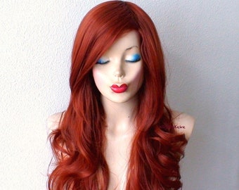 Copper Red wig. 26&quot; Curly hair side bangs wig. Heat-friendly synthetic hair wig for women.