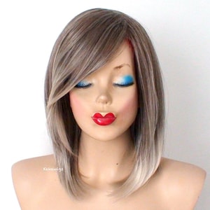 Ash Brown/Ash Blonde Ombre wig. 16&quot; Straight hair side bangs wig. Heat friendly synthetic hair wig.